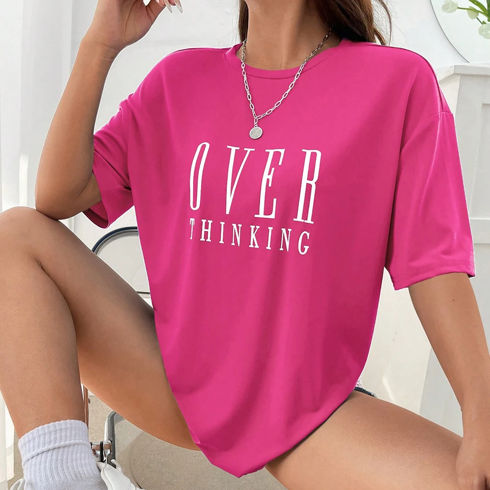 Over Thinking Letter Print Women Cotton Short Sleeve Breathable Vintage O-Neck Tops All-math Casual T-Shirts Female Tee Clothing