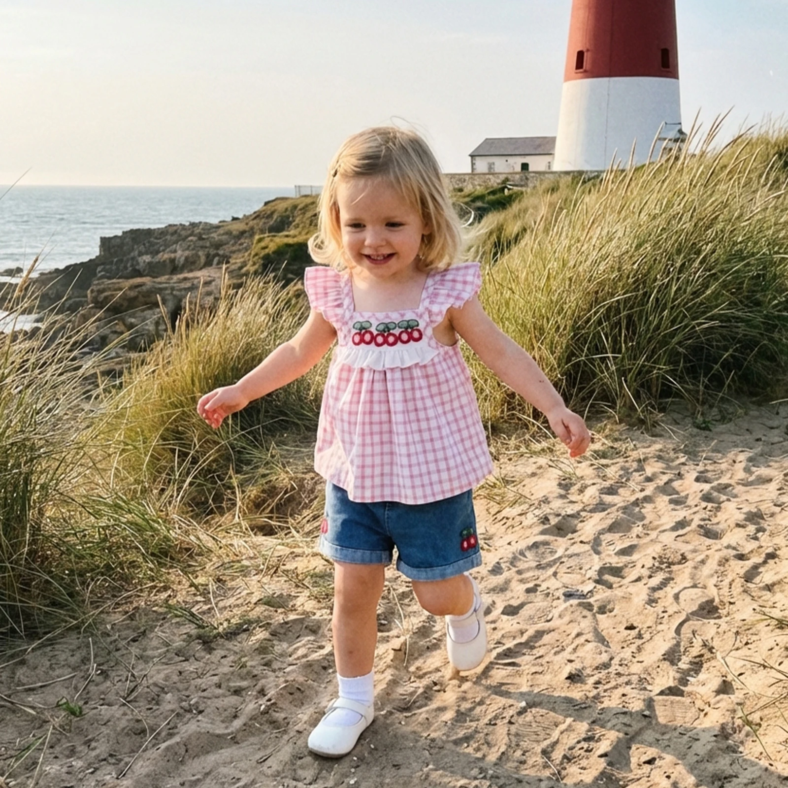 

Toddler Baby Girl Summer Outfit Strawberry Cherry Plaid Flying Sleeve Babydoll Tops and Denim Shorts 2 Piece Set