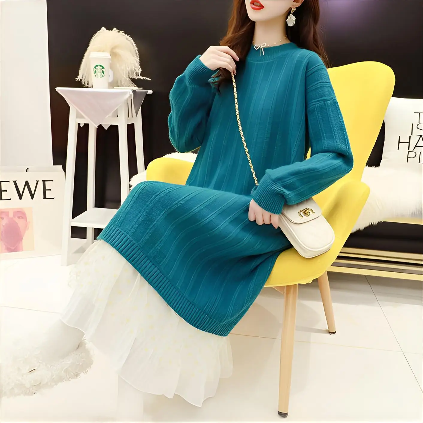 

Knee Length Pullover Graffiti Sweaters Jumpers Women Ethereal Loose-Thickened Date Students E-Girl Grid High-Fashion Multicolor