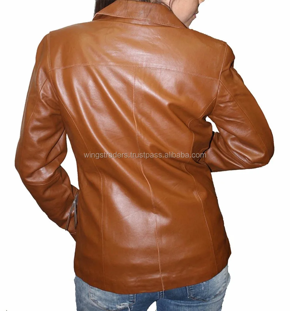 Women Slim Fit Real Leather Tan Brown Washed Casual Leather Blazer Coat