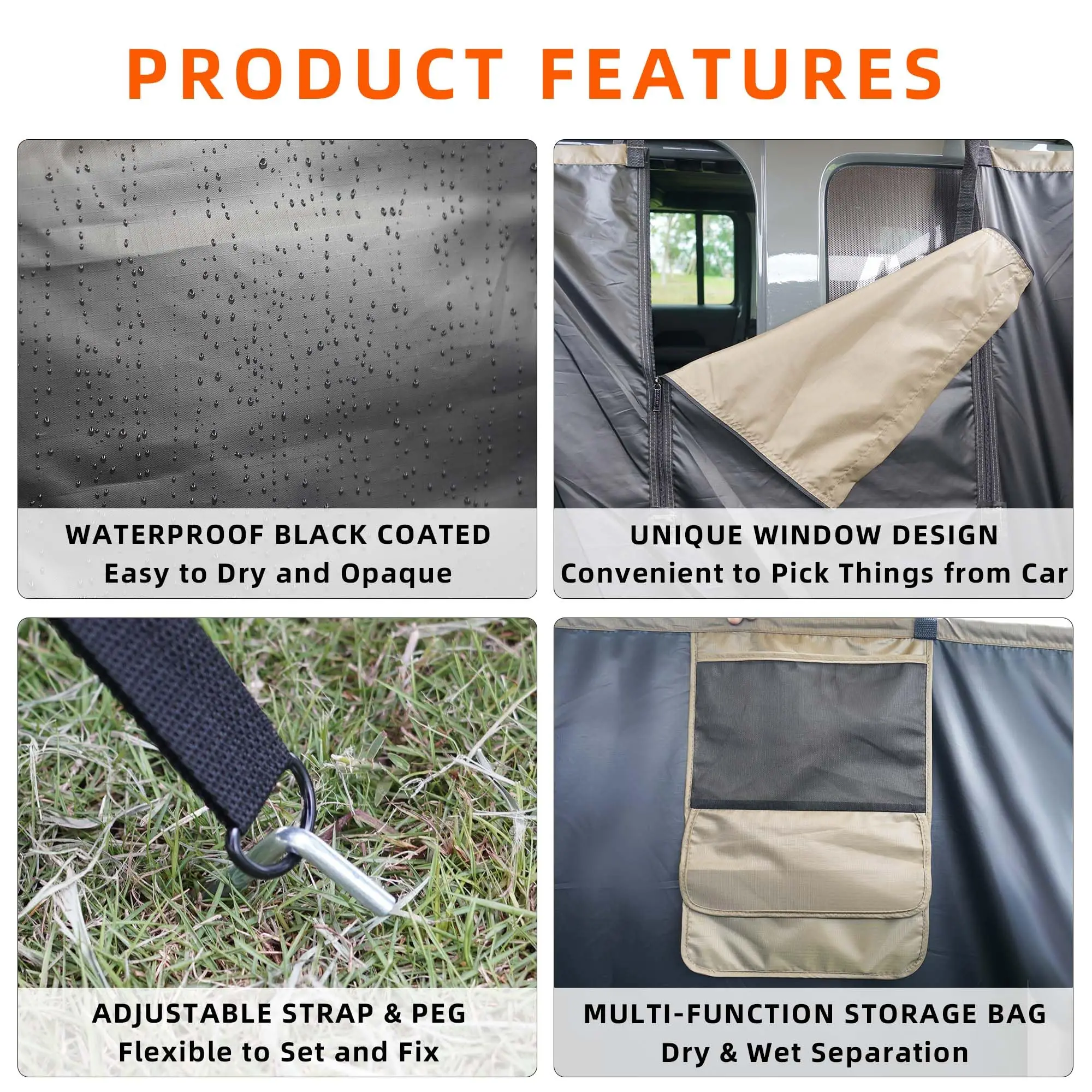 Overland Portable Shower Tent for Camping Car Side Shower Room with LED Light Vehicle Awning Shower Tent