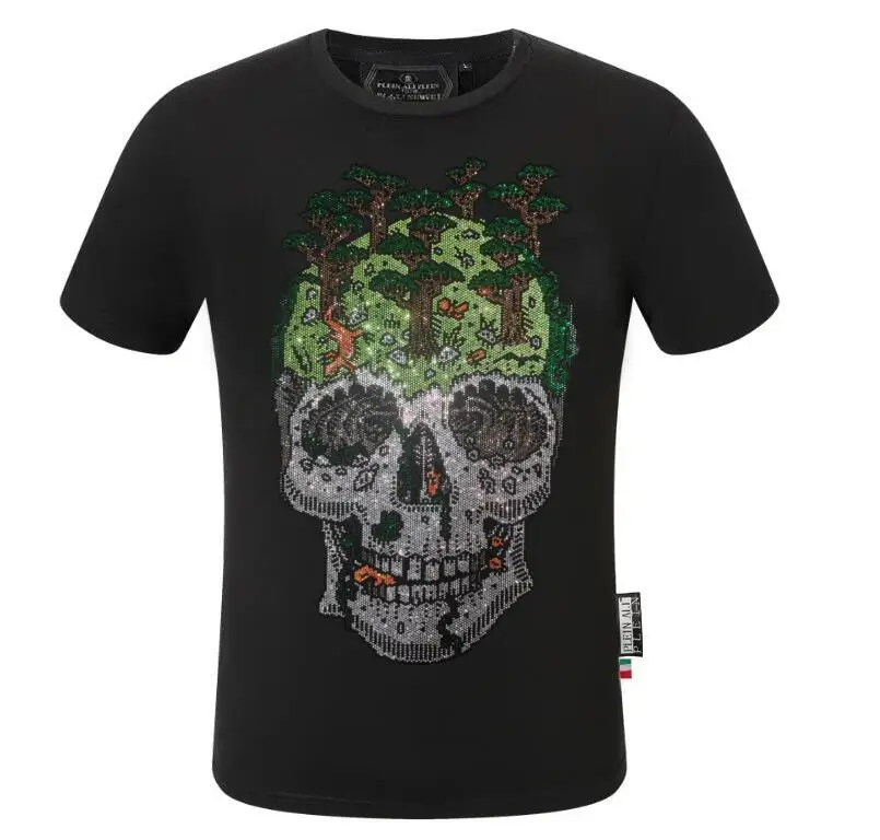 Rhinestones  brand designer Men\'s   T-shirt  Casual Top  Fashion luxurious   Skull Pattern tees