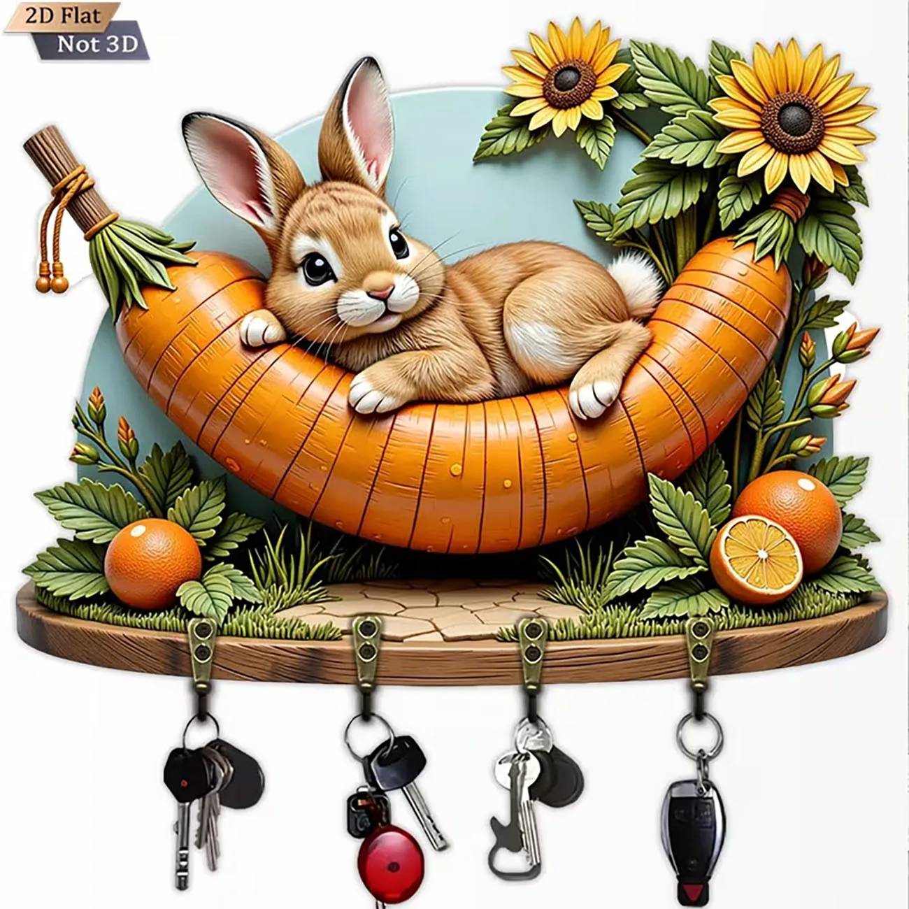 2D Flat Wooden Key Holder Rabbit Carrot Sunflower Pattern Wall Mount Key Rack with 4 Hooks Home Decor