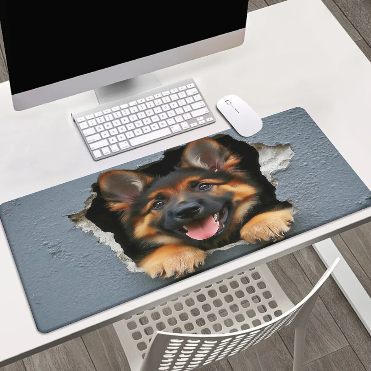 Brand Iron Art Mouse Pad German Shepherd Puppy Peeking Torn Wall Anti-Slip Rubber Base Large Desk Mat Gaming Office PC Laptop Ac