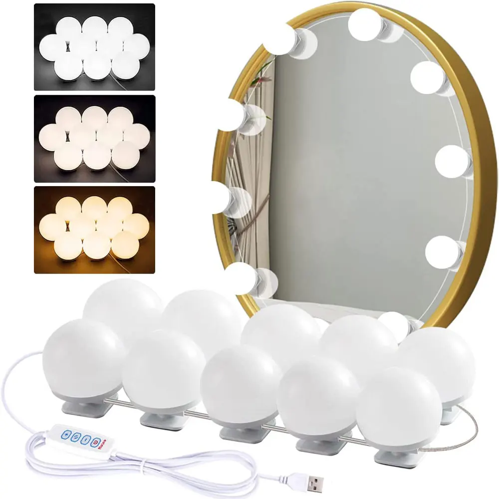 Hollywood Style Vanity Mirror Lights Kit Adjustable Color And Brightness With 10 LED Light Bulbs Fixture Strip For Makeup