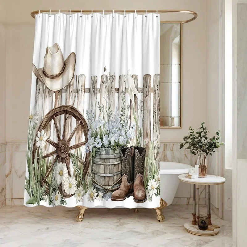 1pc Rustic Western Shower Curtain, Wooden Wagon Wheel & Cowboy Design, Wildflowers Daisies, Durable Bathroom Decor