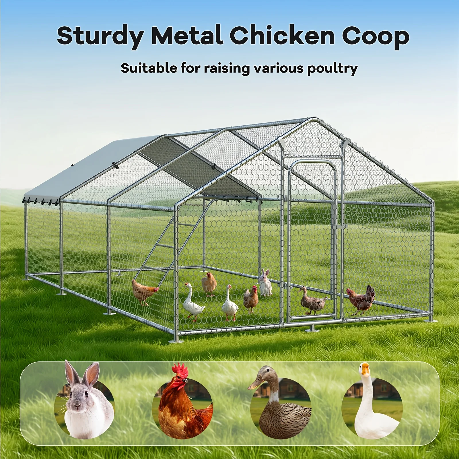 

10.1×20.2×6.6ft / 9.8×13.3×6.6ft Outdoor Metal Fence with Extra-Large Perch, Suitable for Chickens, Ducks, Geese, Rabbits, and Other Small Animals
