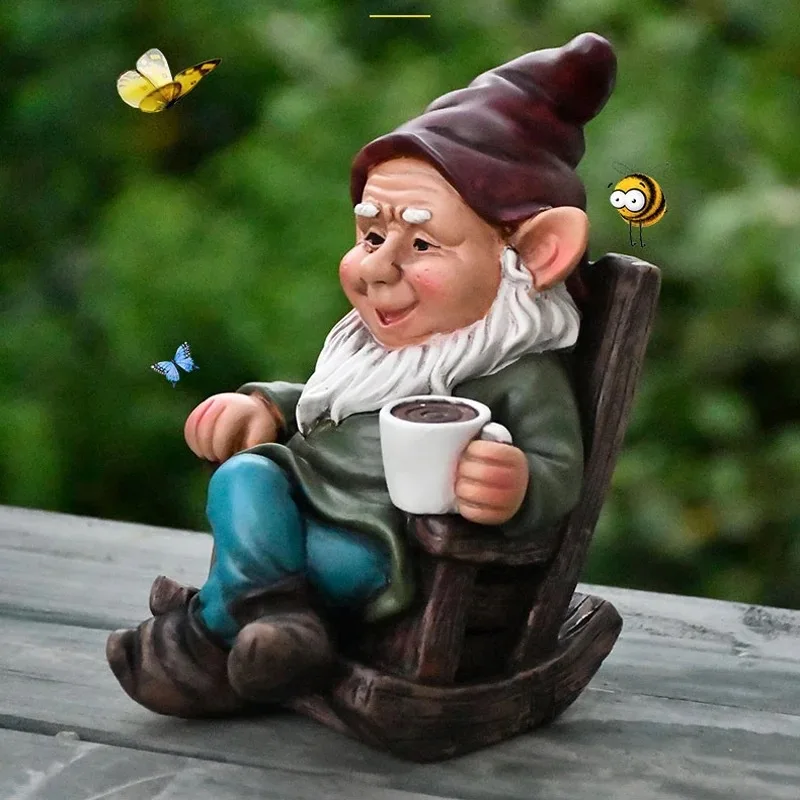 1pc Gnome Dwarf Rocking Chair Ornament Resin Outdoor Garden Decoration Patio Leisurely Drinking Tea Outdoor Lazy Decoration