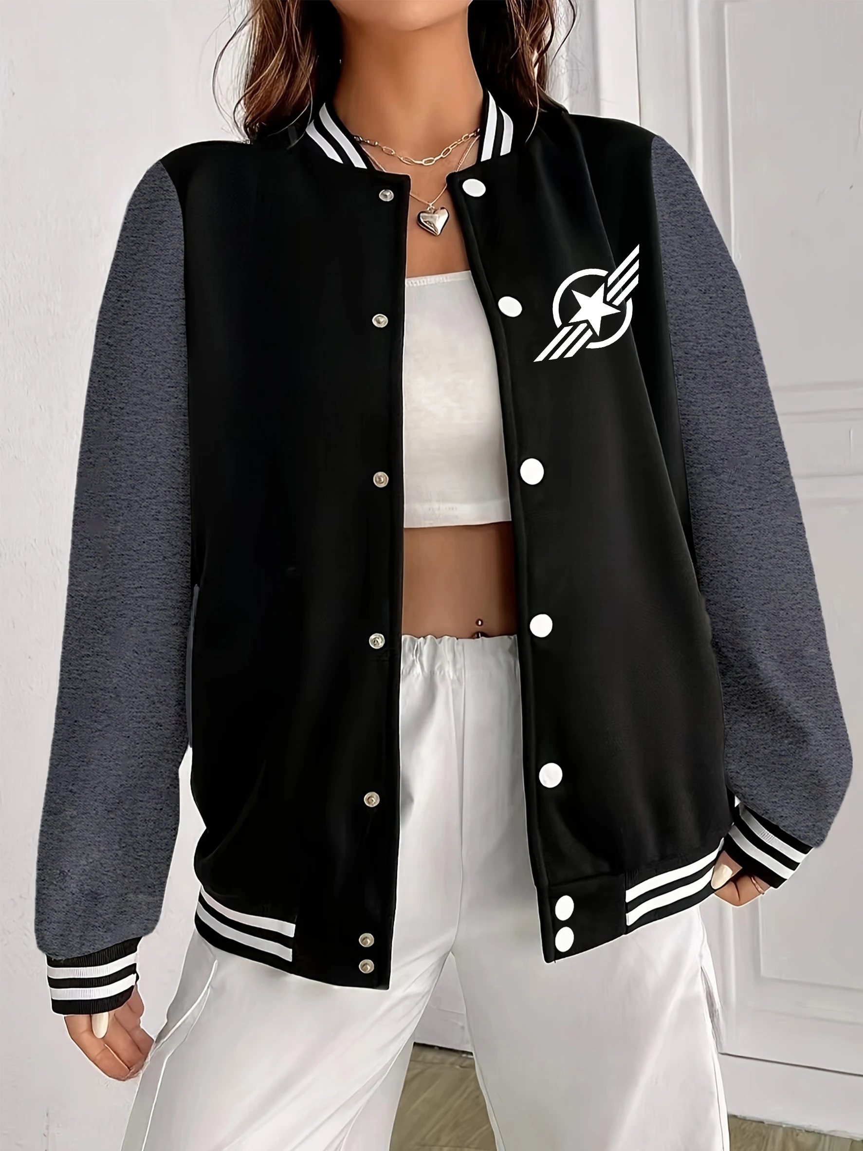 

Куртка с круглым принтом пентаграммы и крыльев, женская уличная флисовая бейсбольная форма, осенняя свободная спортивная одежда Y2K, повседневная одежда