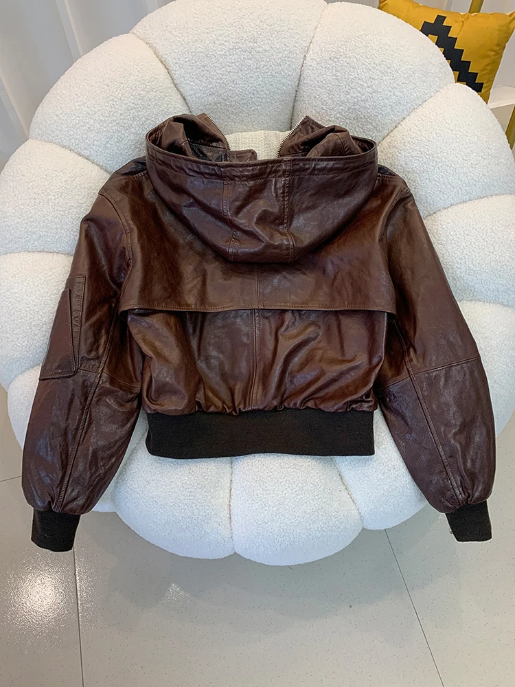 Genuine Sheepskin Leather Coat for Women\'s Clothing Real Leather Jacket Drawstring Hooded Fashion Slimming Leather Cotton Coats