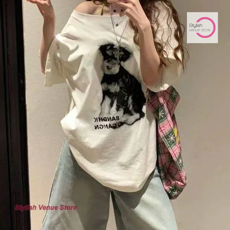 American Spice Girl Puppy Printed Slant Shoulder Short Sleeve T-shirt Women's Summer Loose and Lazy Off-the-Shoulder Joker Top