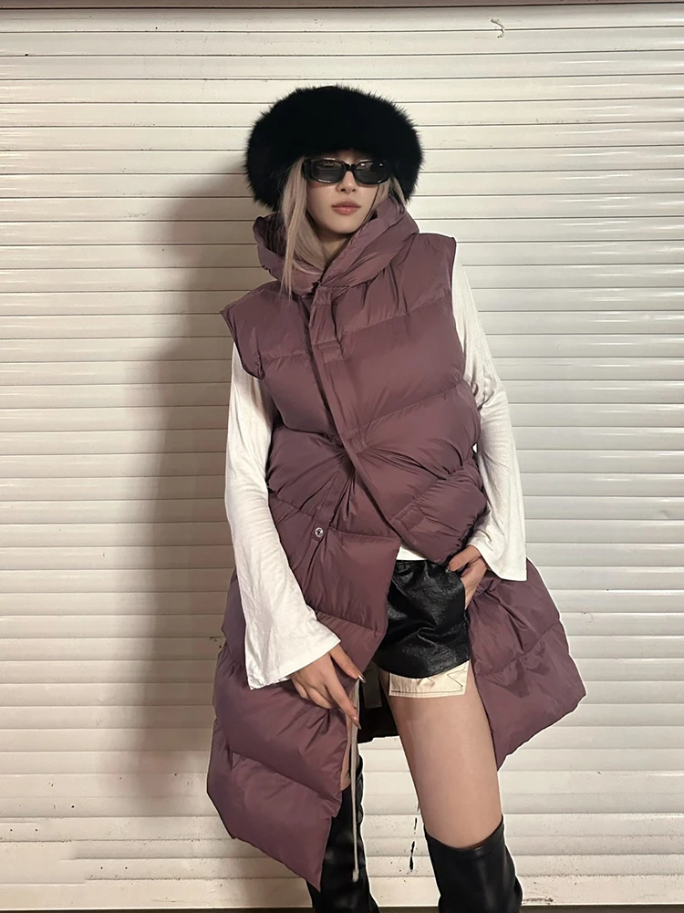 

Длинный женский пуховик без рукавов с капюшоном, 90% белый утиный пух, теплый пуховик, зима 2025 года, Новое поступление