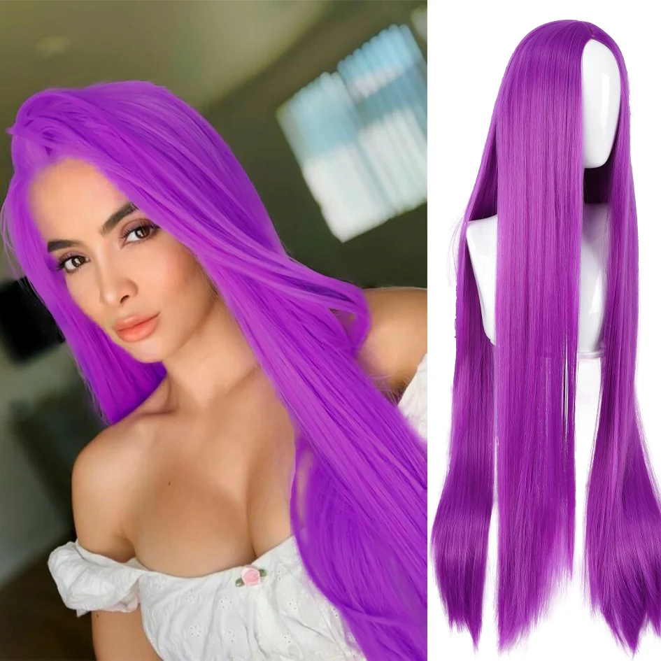 

Synthetic 40 inch purple long straight wig with split hairstyle for girls cosplay party daily use Christmas gift