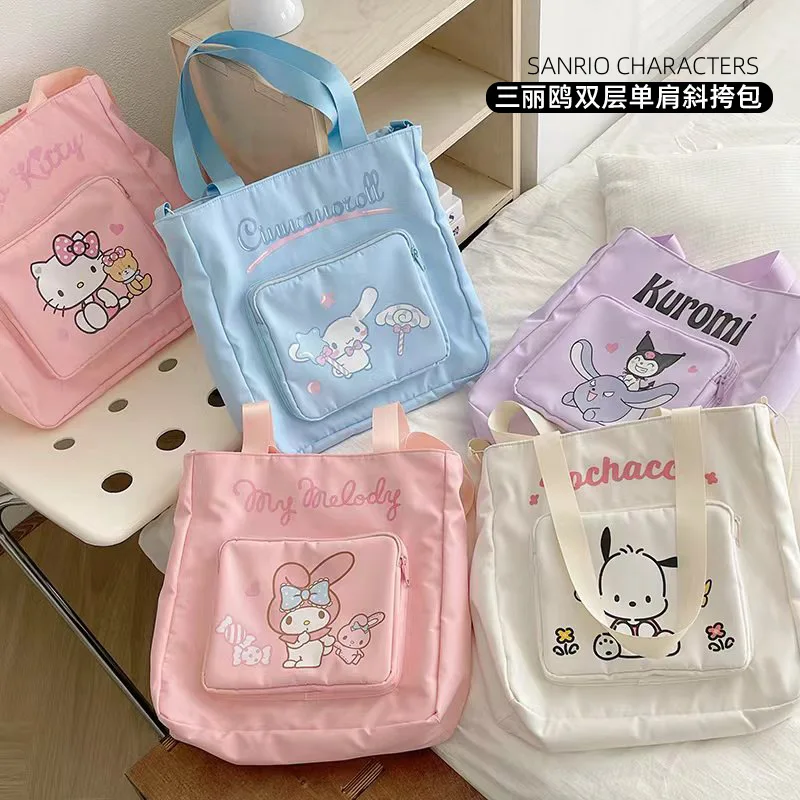 Sanrios Double Layered 2024 Crossbody Bag Cute My Melody Hellokittys Anime Kawaii Tutorial Bag Student Large Capacity File Pack