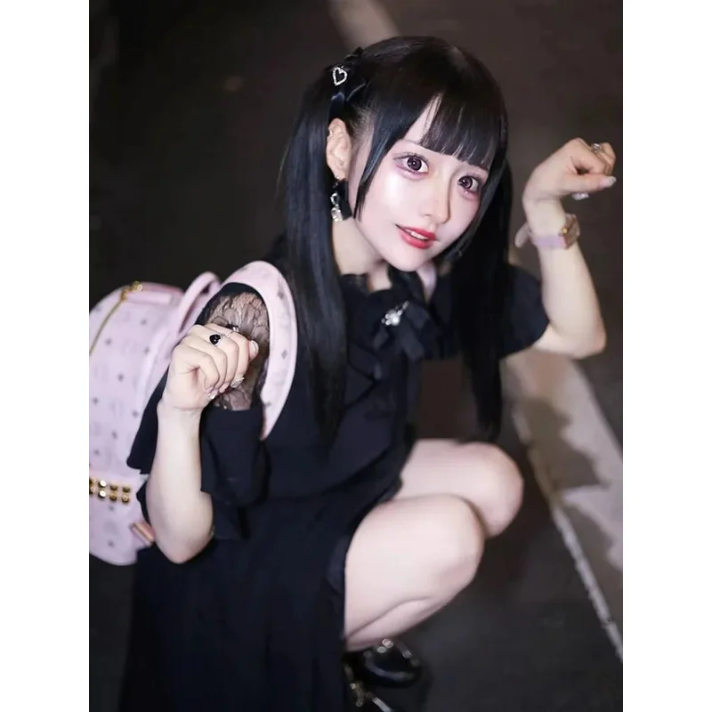 

Kawaii Women Dress Lolita Y2K Cute Japanese Style Elegant Short Sleeve Black Sweet Casual Office Lady Aesthetic Mini Dress 2023