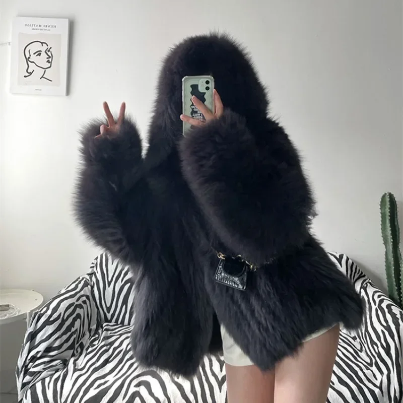 Winter Shaggy Hairy Thick Warm Soft Colored Faux Fur Jacket Women with Hood Bat Sleeved Loose Casual Designer Clothes