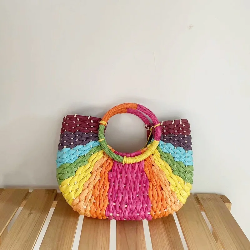 

Bohemia Colourful Contrasting Colors Women Hand-Woven Straw Bag Round Handle Half- Moon Shape Ladies Handbag Summer Beach Totes