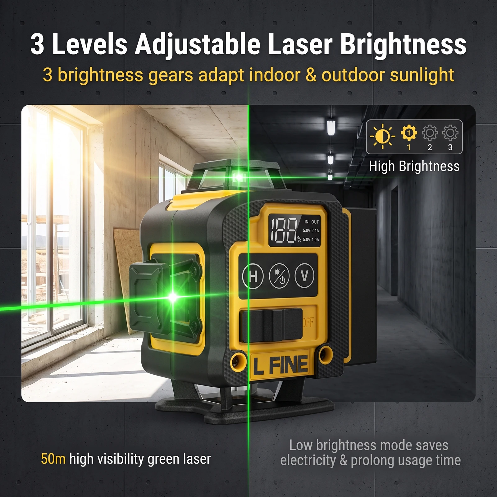 L FINE Grüner Strahl Laser-Nivelliergerät 16 Linien 3D 360 ° Horizontales & Vertikales Selbstnivellierendes Messwerkzeug – Modell 360-01 – Detail 6