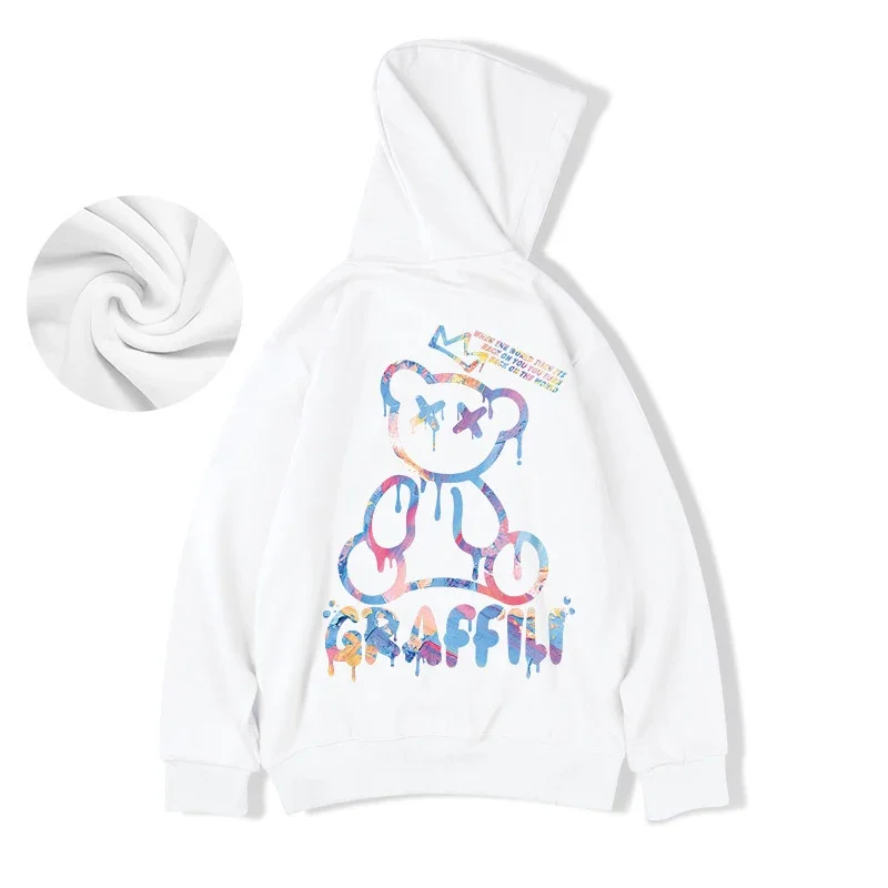 High Street Graffiti Bear Print Men\'s Fleece Hoodie Retro Autumn Casual Pullover Hooded Sweatshirts Hip Hop Y2K Hoodies Clothes