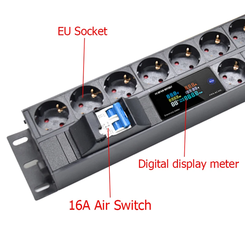 19 polegada montagem em gabinete 2u pdu power strip amperímetro/voltímetro/testador de energia 15 vias europa soquete 16a interruptor de ar 2m cabo de extensão