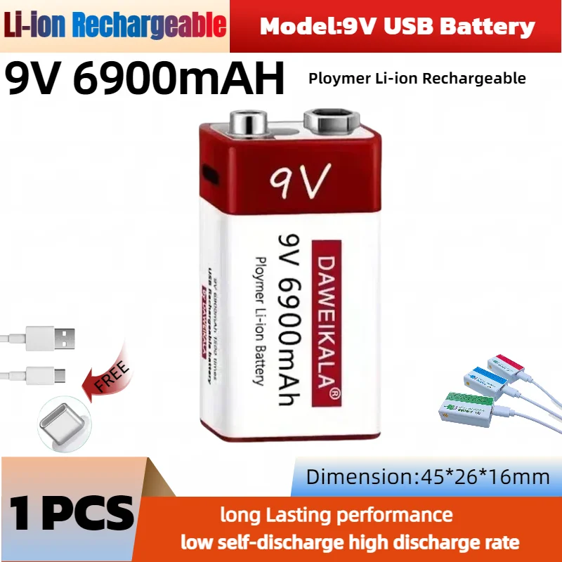 Batería de litio recargable de 28000mAh, 6900mAh, 9V, carga USB para micrófono/detector de humo/pedal de guitarra/radio de larga duración