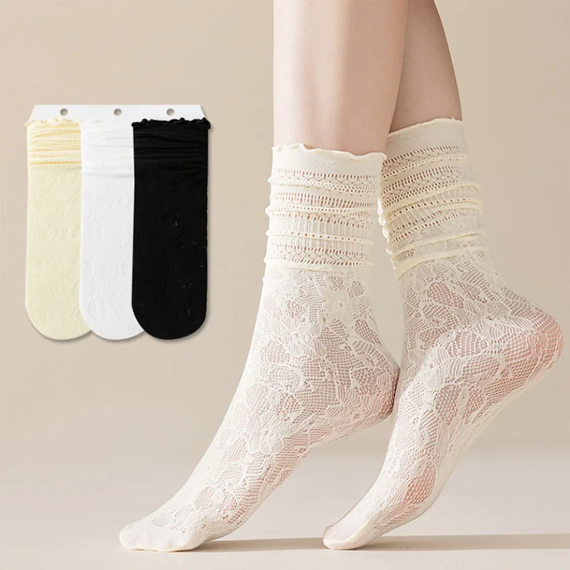 Preppy Delicate Lace Crew Socks Ruffled Frilly Edge Sheer Mesh Socks for Women Girls Wedding Party Casual Multi Color Breathable