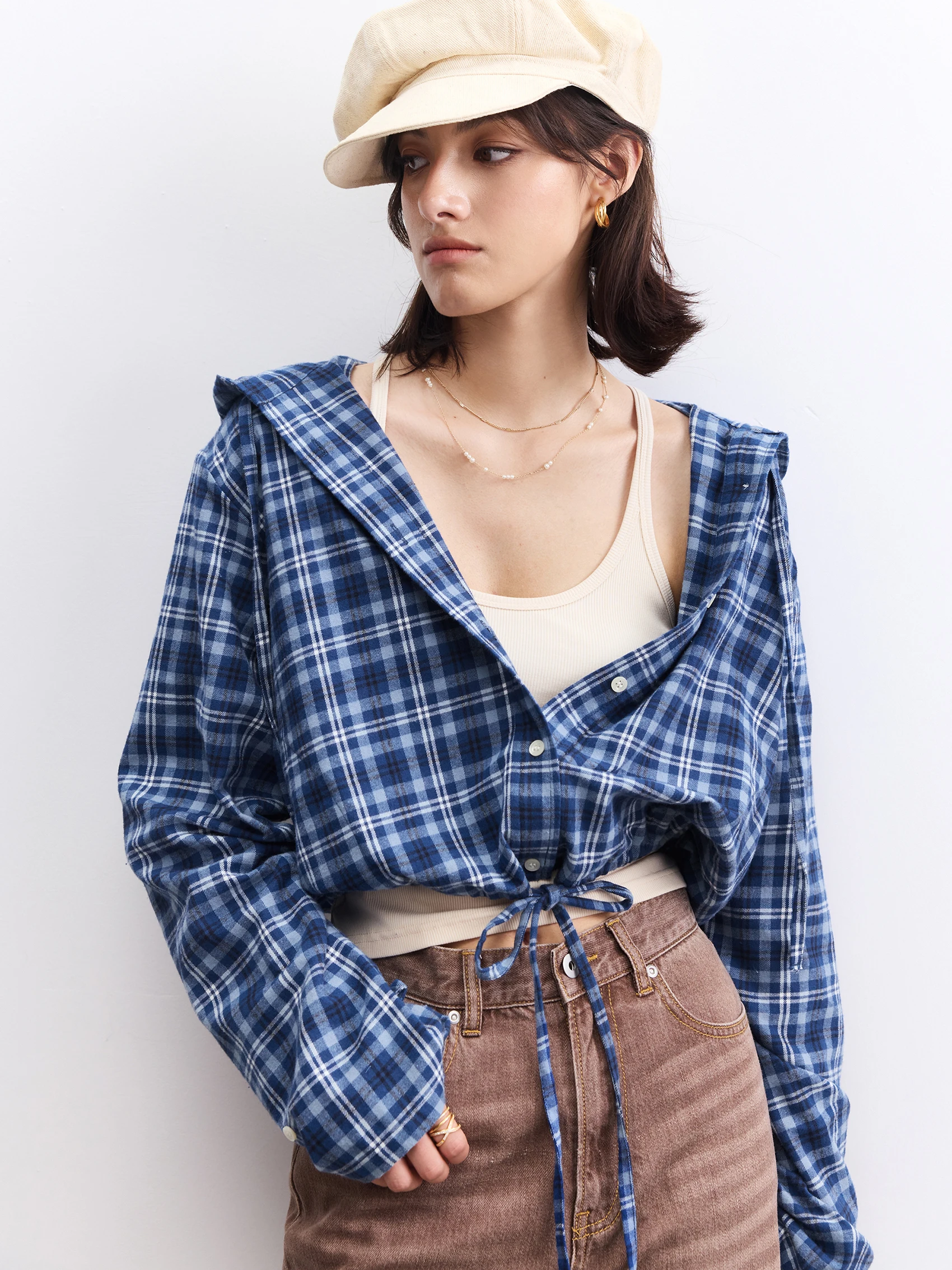 New 2024 Autumn Women Plaid Printed Cotton Cropped Shirt Hooded Lace Up High Street Chic Stunning Fashion Design Trendy Stylish