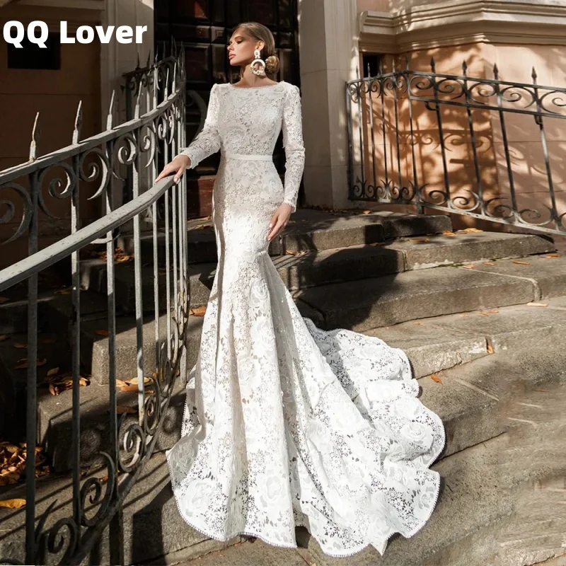 

Великолепное кружевное платье русалки Vestido De Noiva с длинными рукавами и иллюзией сзади, свадебное платье по индивидуальному заказу, сексуальное платье с открытой спиной, Vestidos De Novia