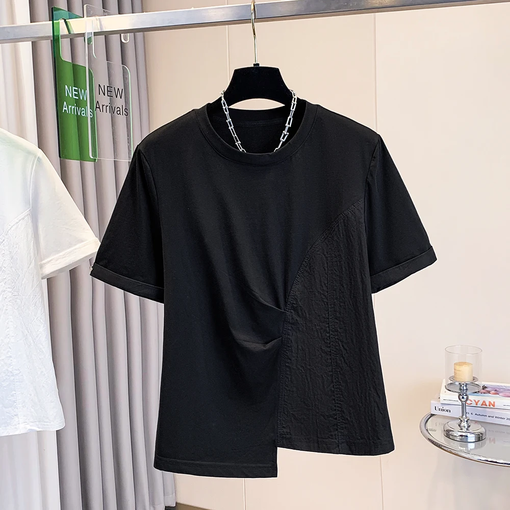 

Summer Women's Loose Short Sleeve Top Irregular Pleated Design Cotton Blend Comfortable Slimming Effect Casual Wear