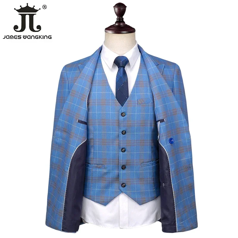 S-5XL Blazer Vest Pants Luxury High-end Brand Men\'s Slim Formal Business Blue Plaid Suit 3piece Groom Wedding Dress Party Tuxedo