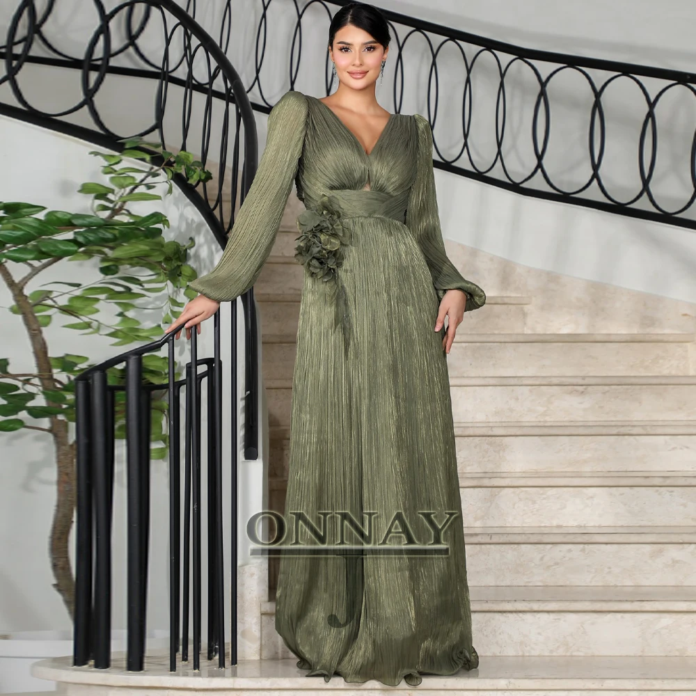 

Customized Classic V Neck Prom Dresses for Women Pleating Puff Sleeves Full 3D Flowers Aline Floor Kuwait Vestidos De Fiesta