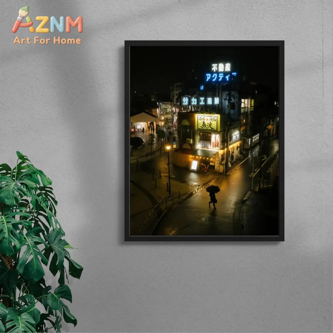 

Настенное искусство в рамке с изображением дождливой ночью ночью в Токио - японский городской пейзаж, печатный принт, декор в стиле мрачного городского пейзажа для дома и офиса