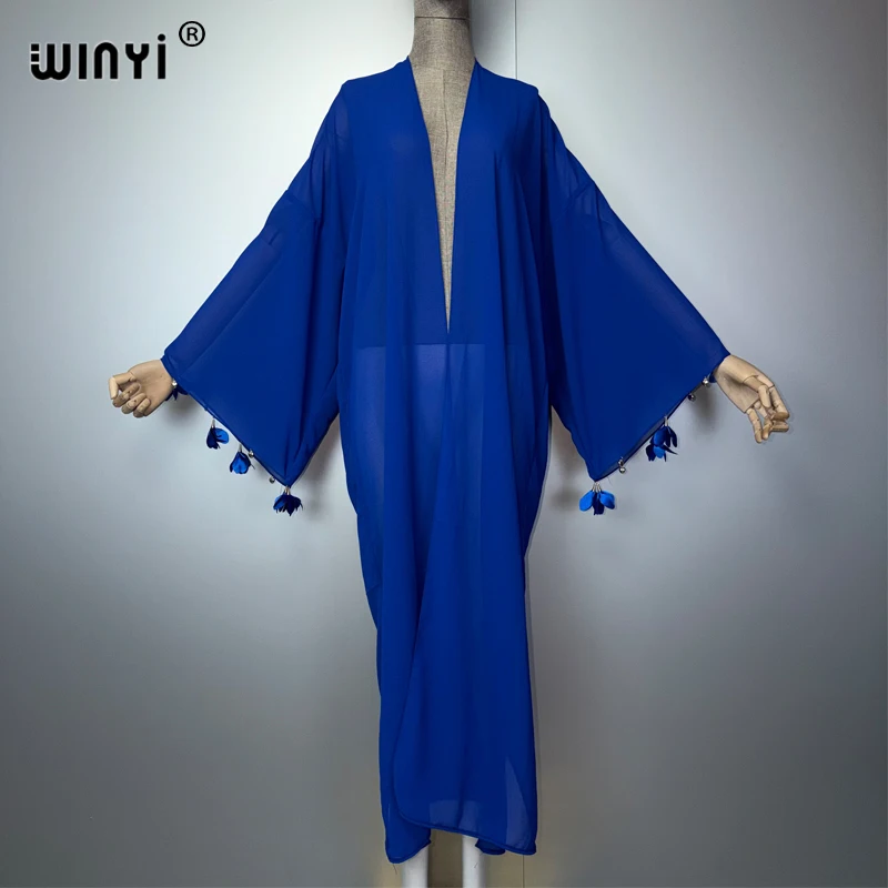 WINYI Sexy Embroidered Cardigan Kimonos Abaya Muslim Women Beach Kaftan Evening Dress Retro Coat Fashion Perspective