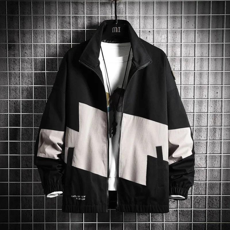 

Модная мужская куртка в стиле пэчворк с цветовыми блоками, свободного кроя, с воротником-стойкой, весенне-осенняя, молодежная, из полиэстера, на молнии