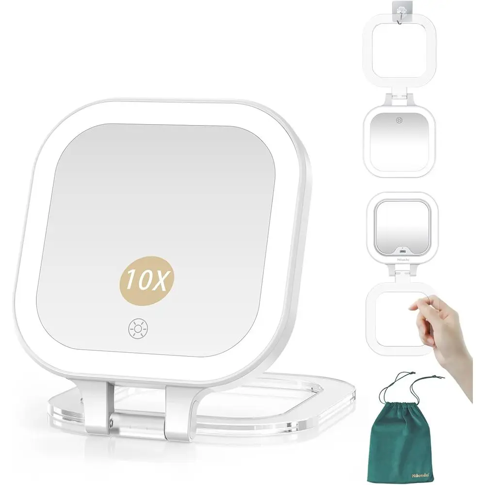 Compact Travel Makeup Mirror, 1X/10X Magnifying Mirror with Light | 3 Color, Dimmable Touch, 0-100% Brightness Adjustable, 1000m