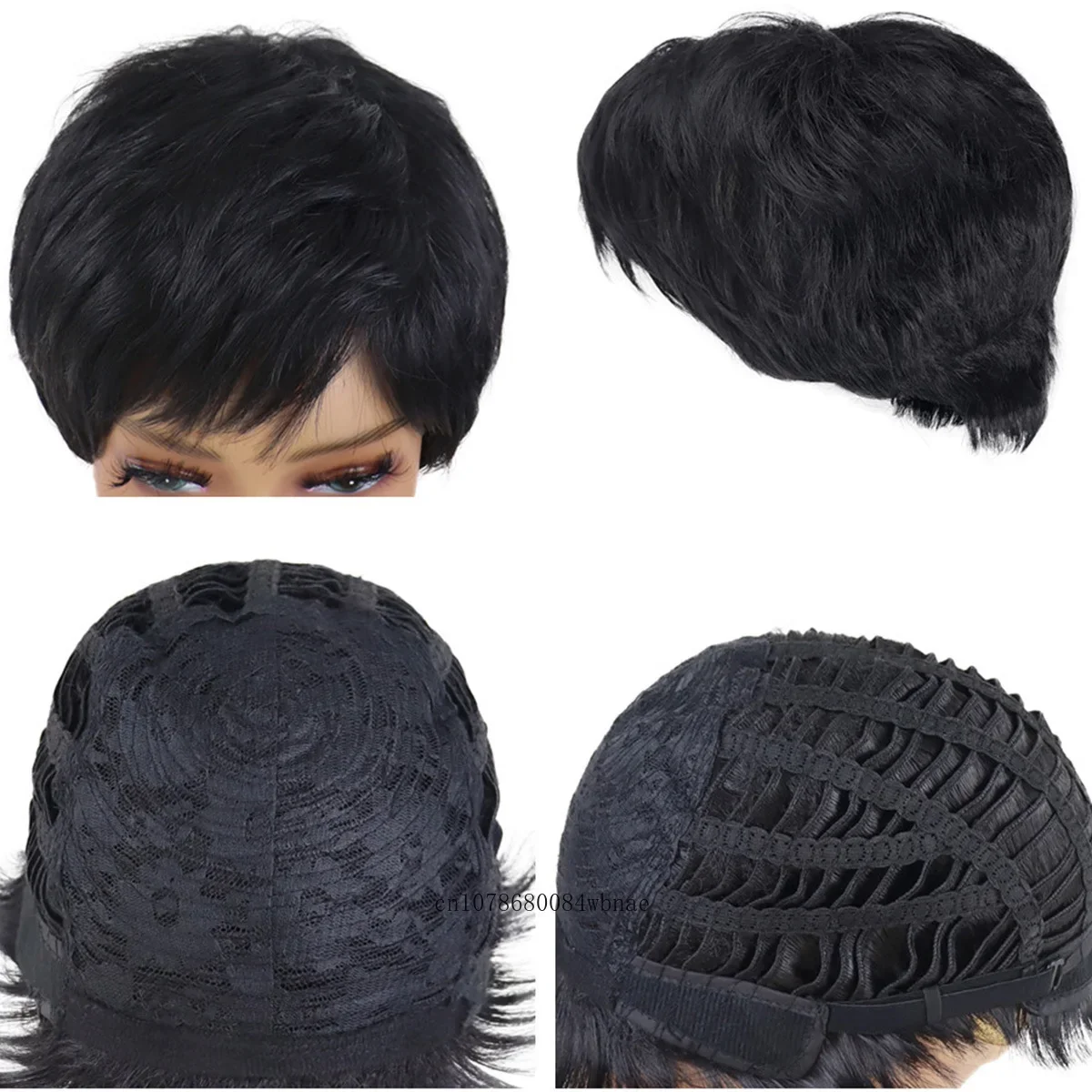ショートブラックウィッグ　合成毛ストレートウィッグ　前髪付き　女性用　レディース　ピクシーカットヘアスタイル　耐熱　デイリー　パーティー　カジュアルウィッグ