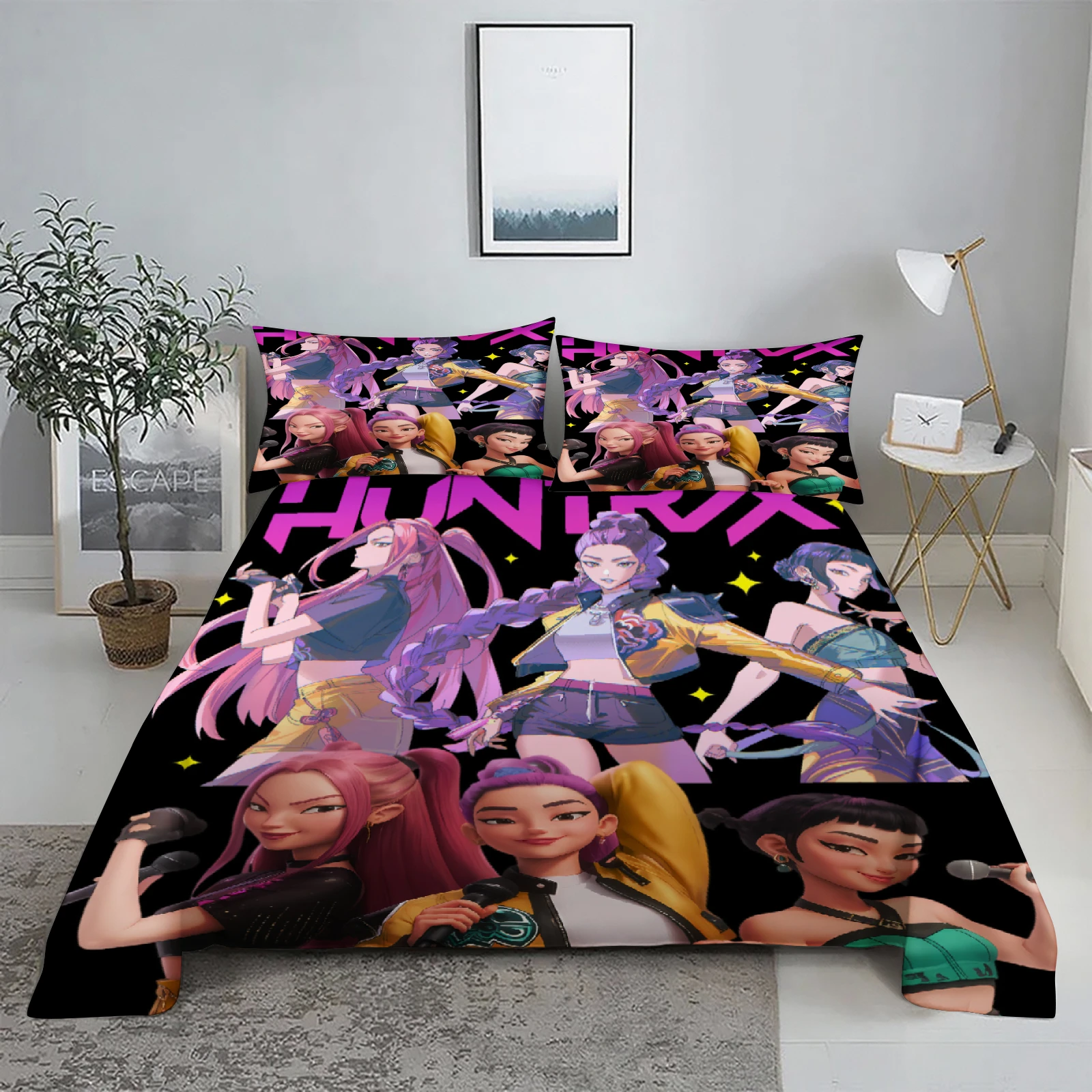 Huntrix، Rumi، Mira D-Demon Hunters K-pop طقم ملاءات سرير مطبوعة ثلاثية الأبعاد ملاءة مسطحة مع كيس وسادة أغطية سرير مقاس كينج كوين