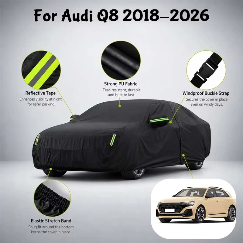 Waterproof Full Car Cover Side Door Zipper Reflective Strips Windproof Buckle All-Weather Protection For Audi Q8 2018-2026