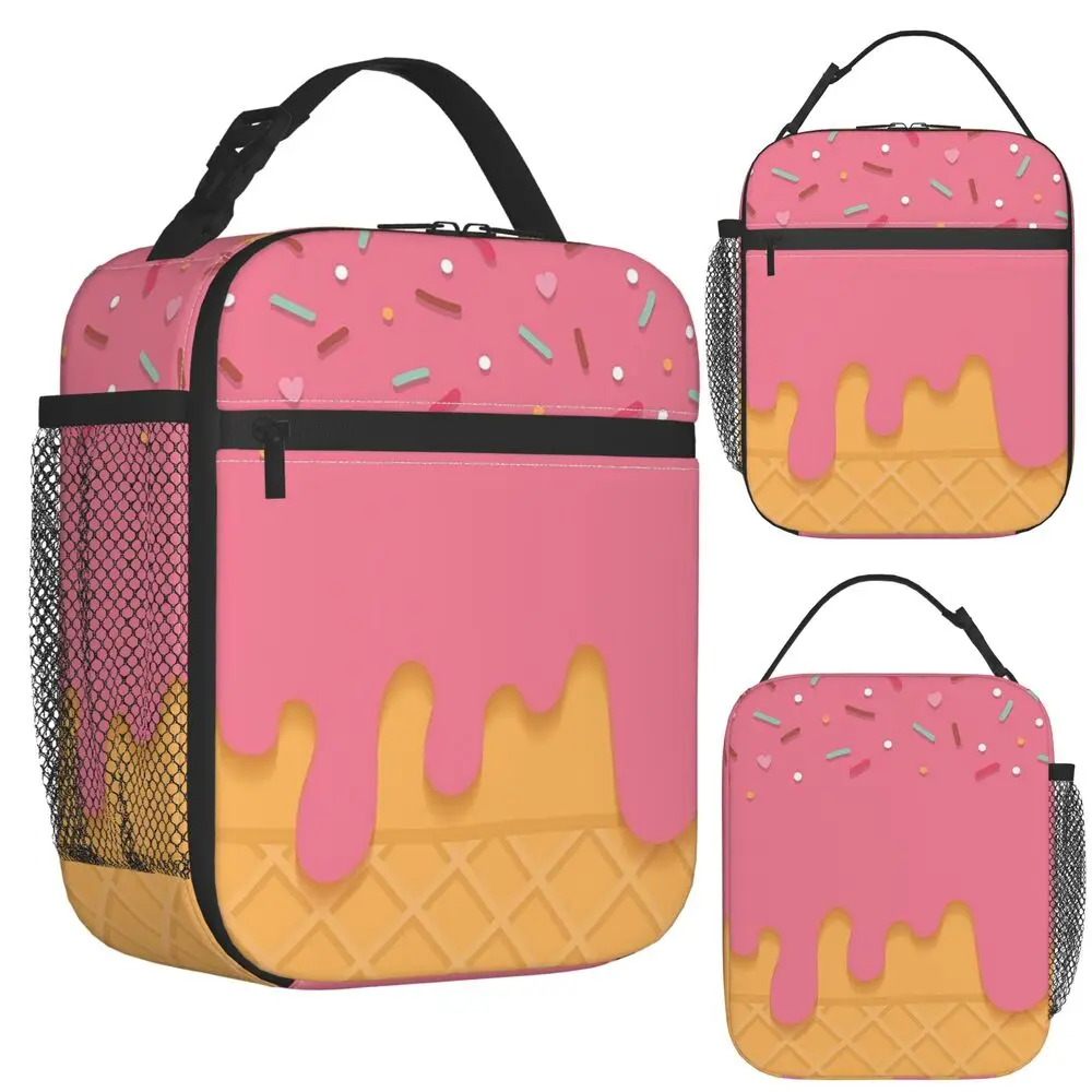 Pink Ice Cream Insulated Lunch Bag for Women Kids Portable Food Boxes Thermal Lunch Box Tote