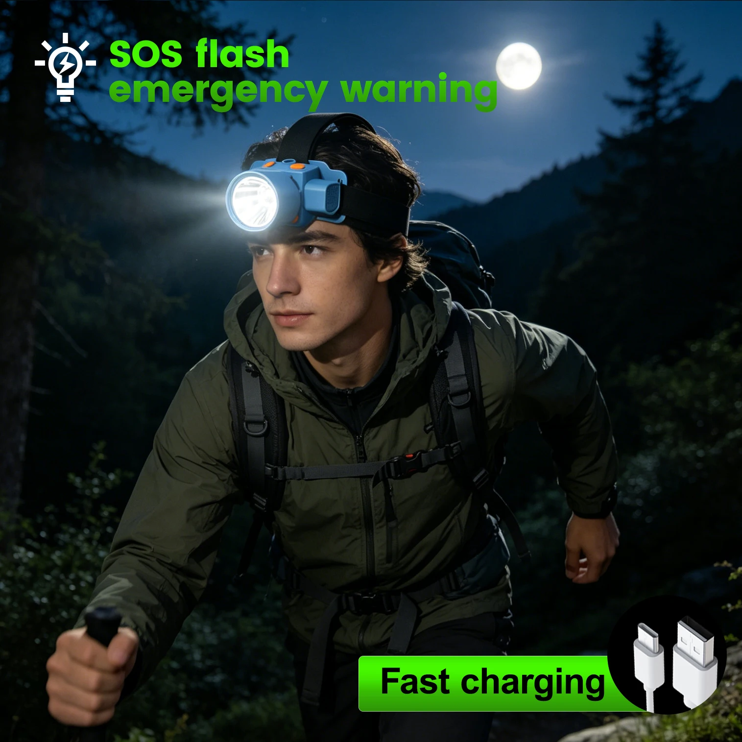 Ultra-Long Battery Life USB Fast Charging Led Headlamp, Super Bright, 3-Level Dimming, High Brightness ≥8 Hours, Medium Brightness ≥12 Hours, Rechargeable Outdoor Headlamp for Camping, Hiking, Running, Emergency Use