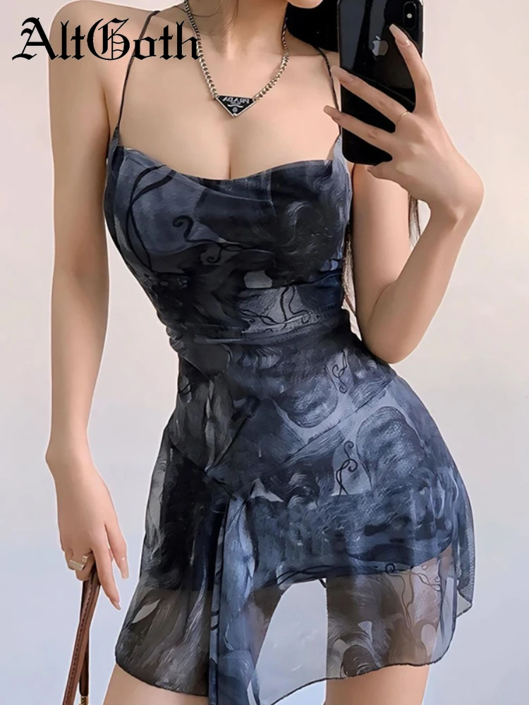 AltGoth Vintage Mall Gothic Mesh Dress Women Y2k E-girl Streetwear Sexy Printed Spaghetti Strao High Waist Mini Dress Partywear