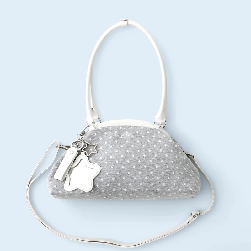 Dot Cozy Dumpling Bag Women Korean Fashion Brand Gray Knit Cotton Handbag with Star Mirror Charm Kawaii Girls Y2k Shoulder Bag