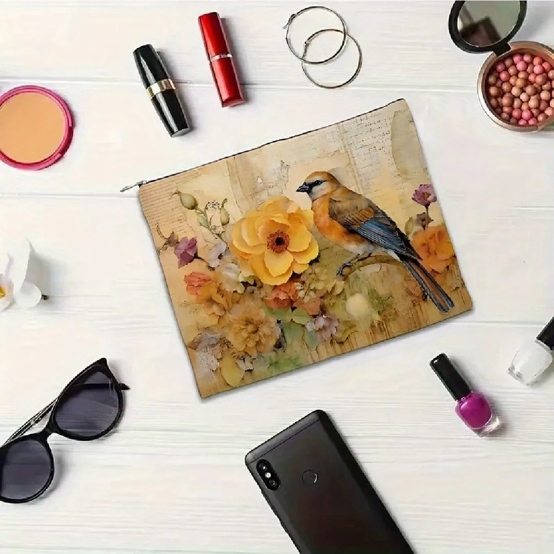 Kosmetyczka w stylu retro z kwiatowym wzorem i ptakami - urocza, wielofunkcyjna saszetka na zamek błyskawiczny, etui na biżuterię, idealna podróżna mała kosmetyczka na zamek.