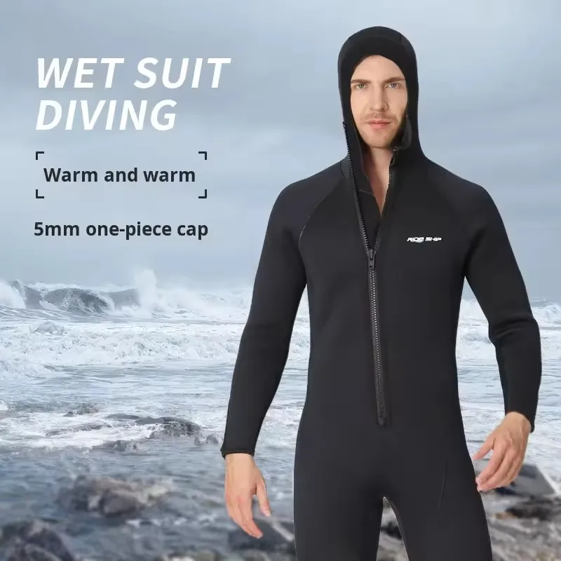 STLF 5 mm einteiliger Neoprenanzug mit Kapuze und Frontlogo, kältebeständig, warmer Reißverschluss zum Surfen, Tieftauchen und Schwimmen, Freitauchen