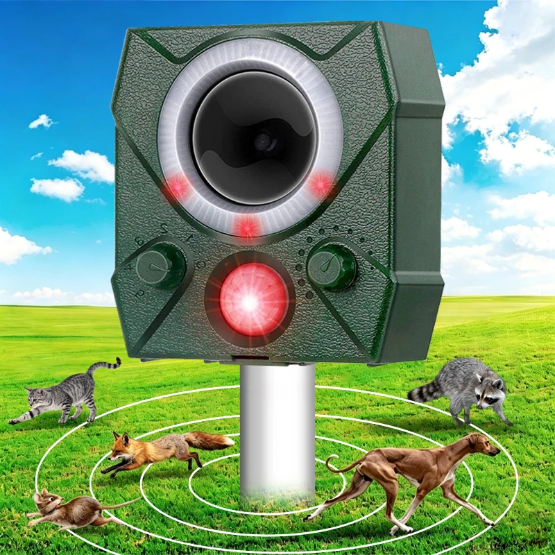 Repelente de pássaros ultrassônico solar com sensor infravermelho e luzes LED piscantes, repelente de animais para jardim, controle de pragas ecológico