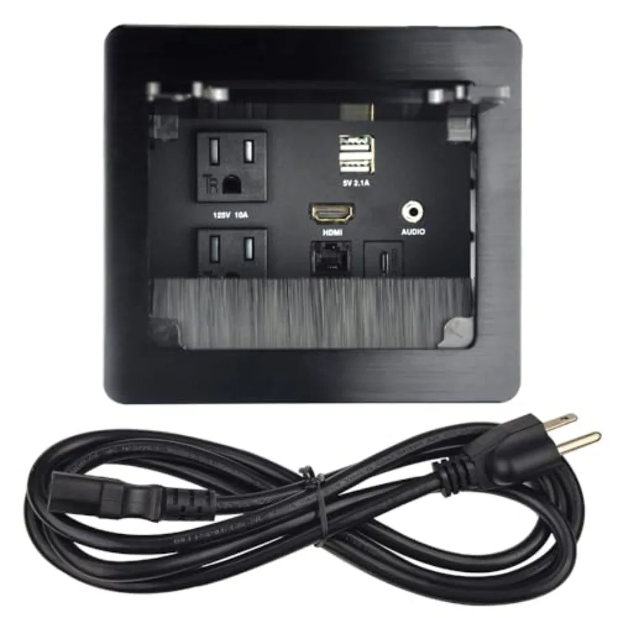 Tabletop Brush Flip Connectivity Box with 2 AC Power + 2 USB Charger + HDMI + 1 3.5mm Audio + USB-C Data + RJ45 cat6 for Confer