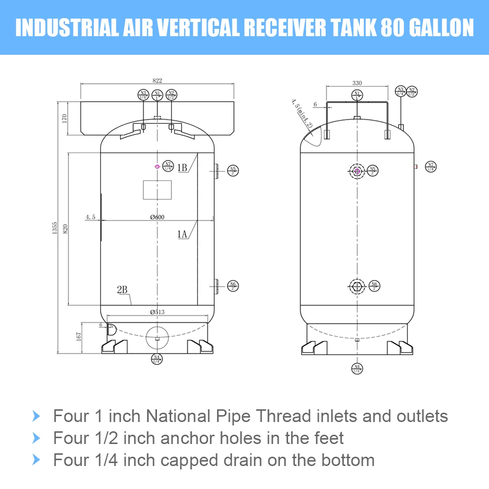HPDMC 80 Gallon Vertical Air Tank Industrial Air Compressor Receiver Rated for 200 PSI with ASME Coded