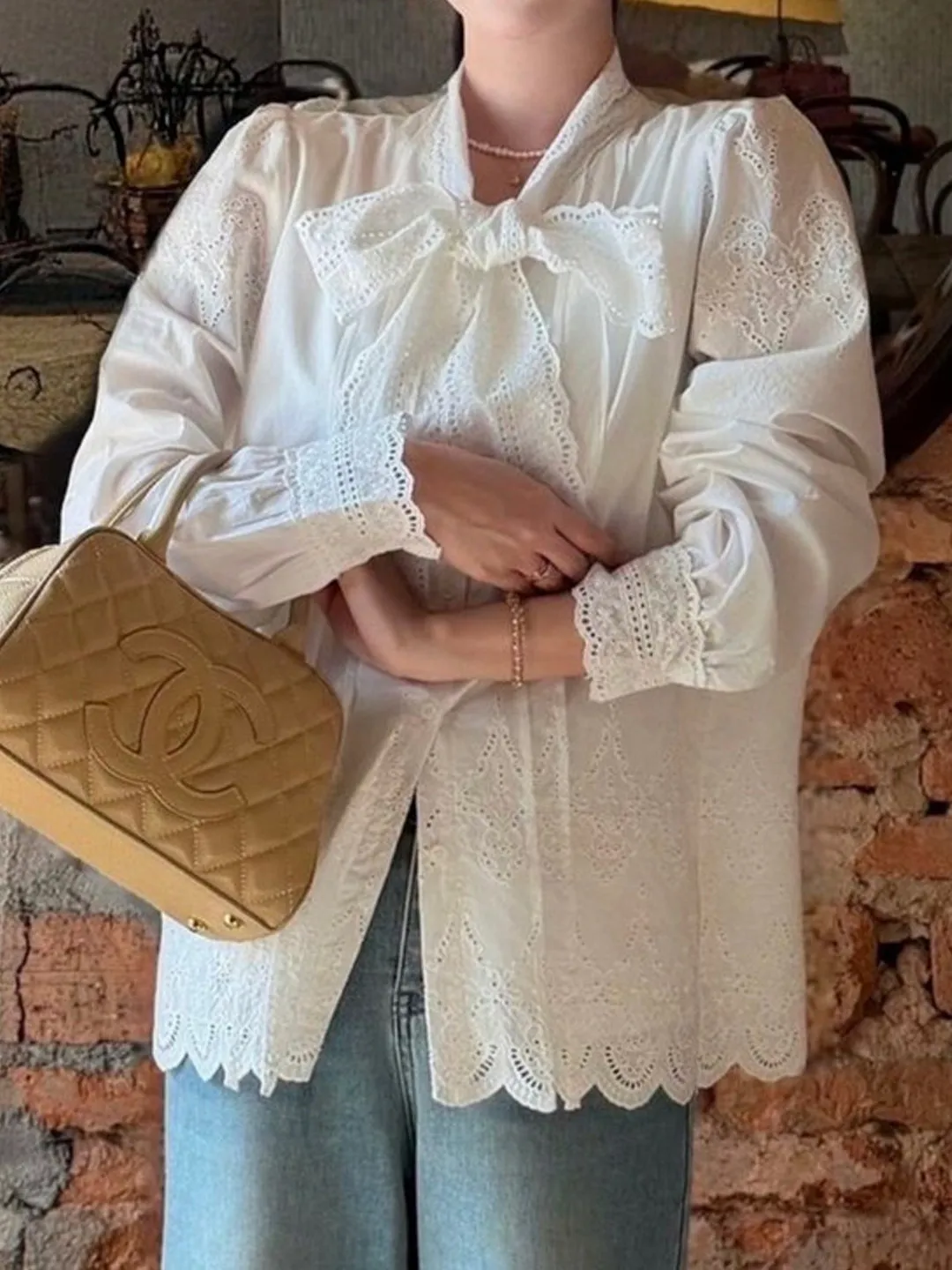 

Ele Long Sve Women's irt Knot Hollow out Embroidery Lace Trim Cotton Polyester Blend Summer Faion