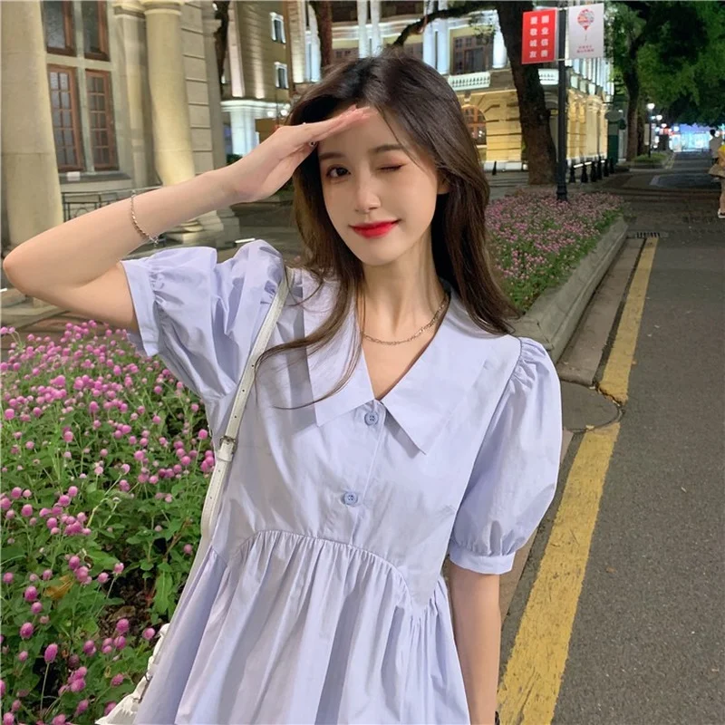 Dresses Women Preppy Sweet Simple Mini Summer Korean Style Puff Sleeve Elegant Lovely A-line Solid New Empire Ladies Casual Chic