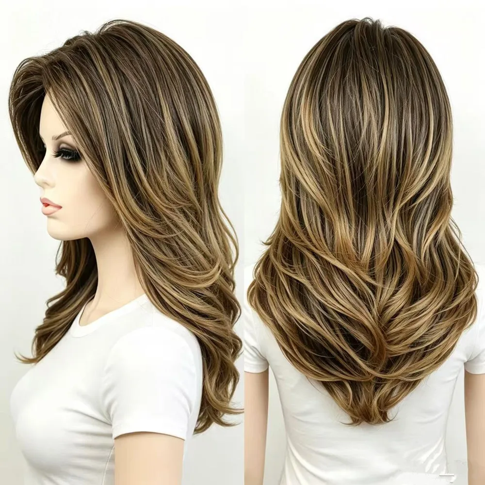 

Long Layered Synthetic Wigs for Women 12 Colors Heat Resistant Fiber Wavy Hair Wigs with Bangs Natural Daily Cosplay Party Wig